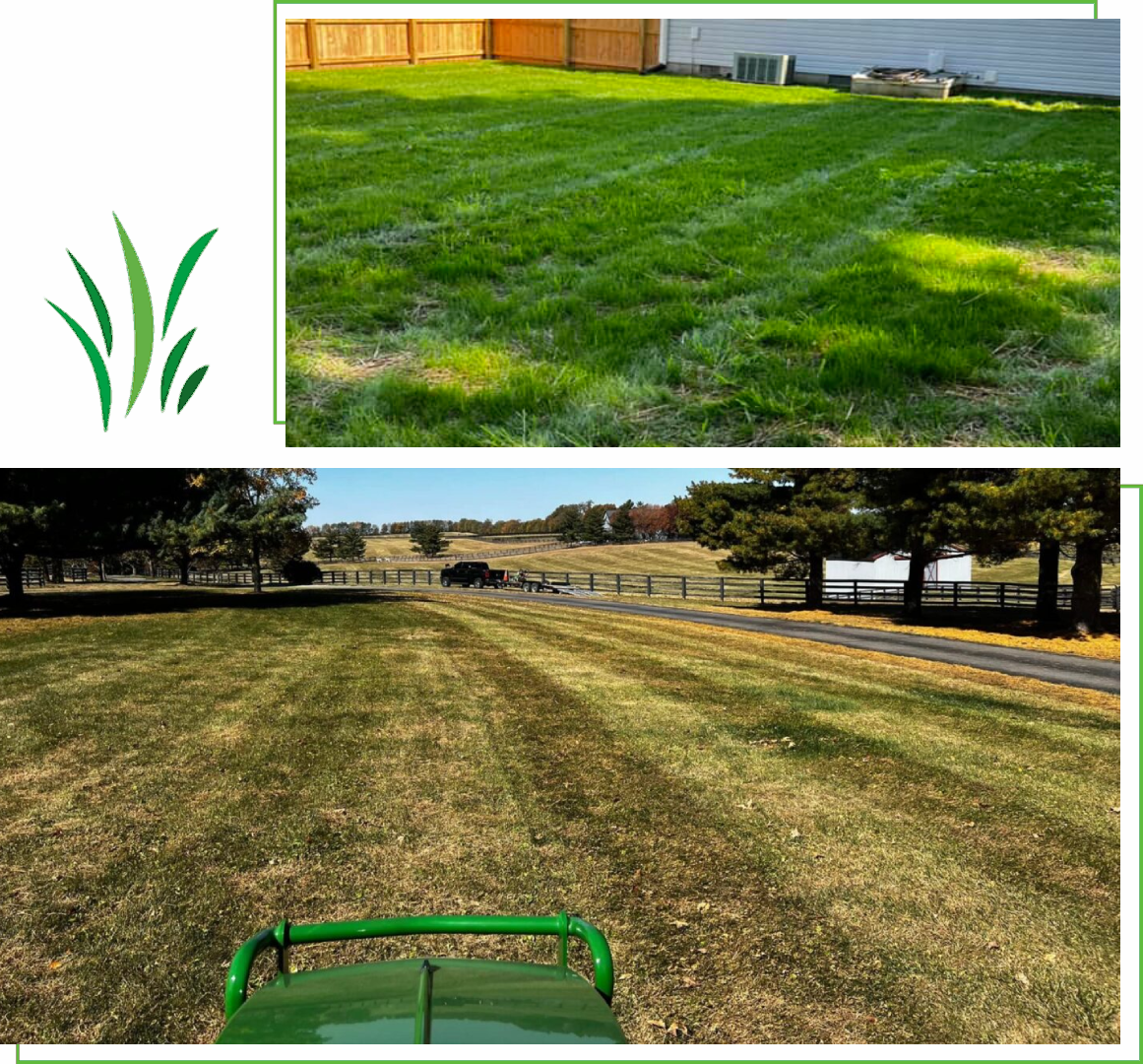 Views of a grassy field from a ride-on mower's perspective.