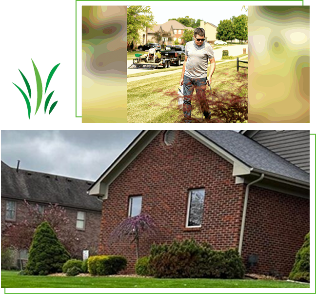 A boy stands outdoors in a residential area with houses and greenery.
