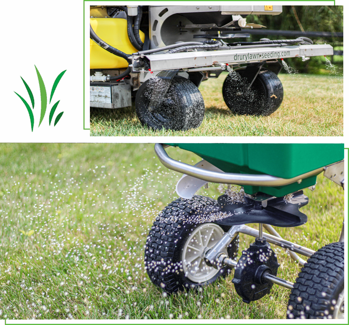Close-up of a garden spreader's wheels on grass.