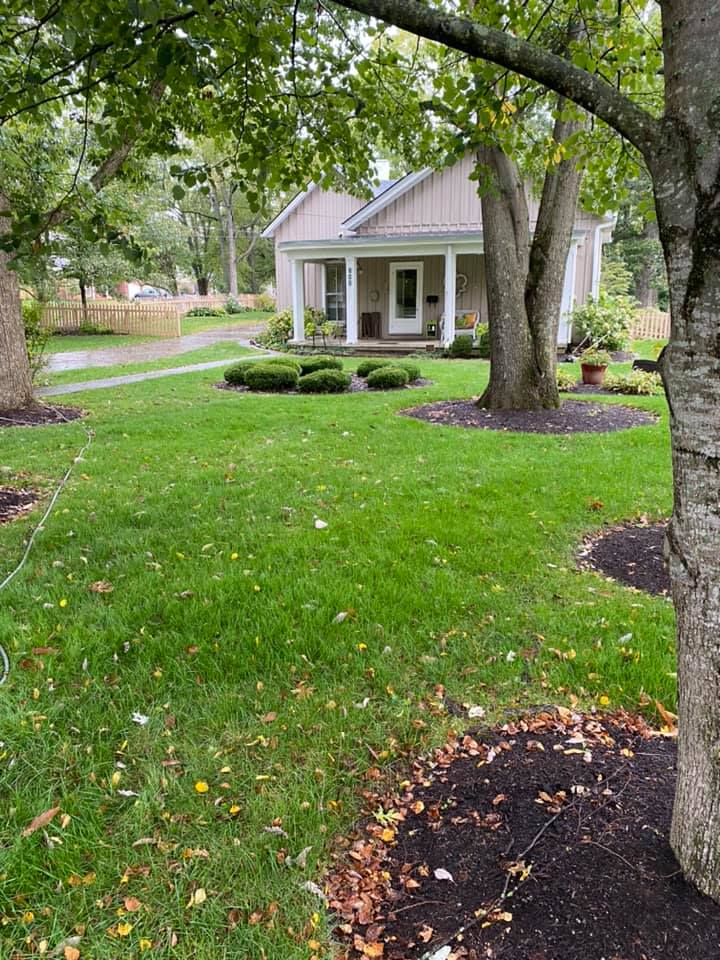 Well-kept green lawn with trees and a cozy house in the background.