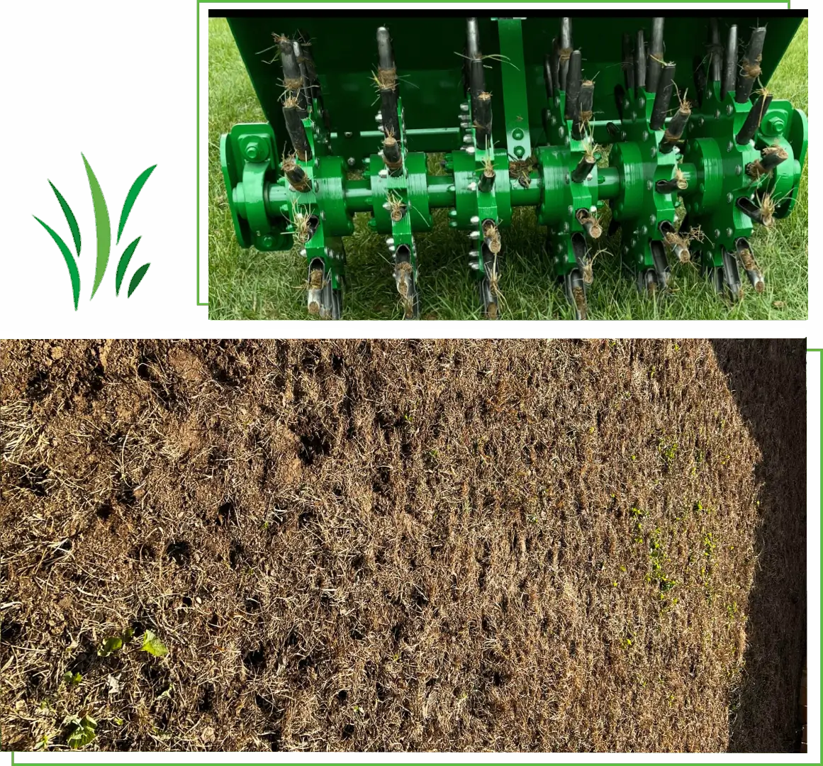 Green agricultural machine cultivating soil in a farm field.